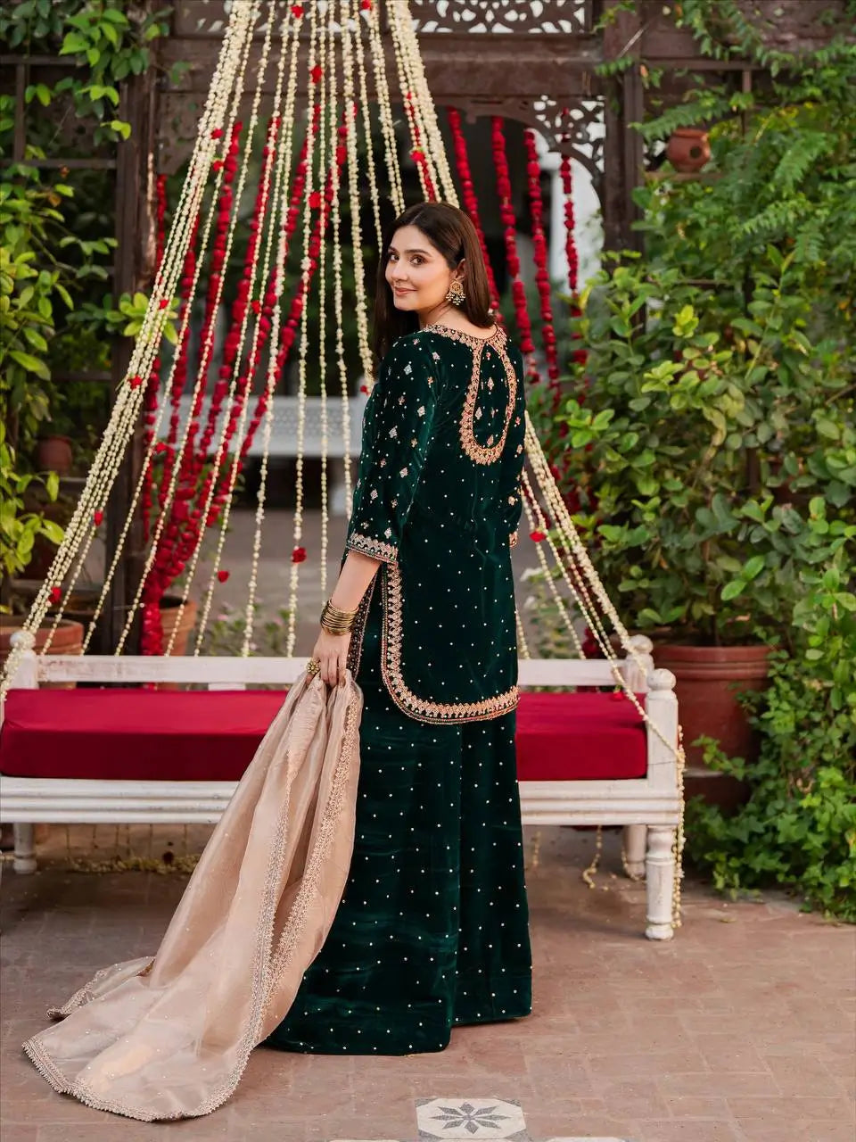 Embroidered Velvet Palazzo Suit Set
