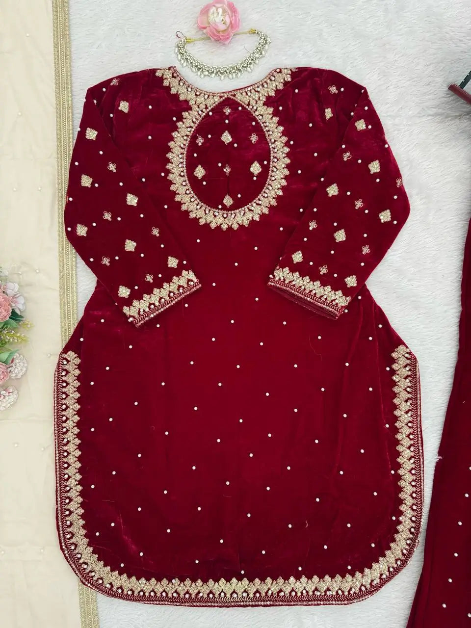 Embroidered Velvet Palazzo Suit Set