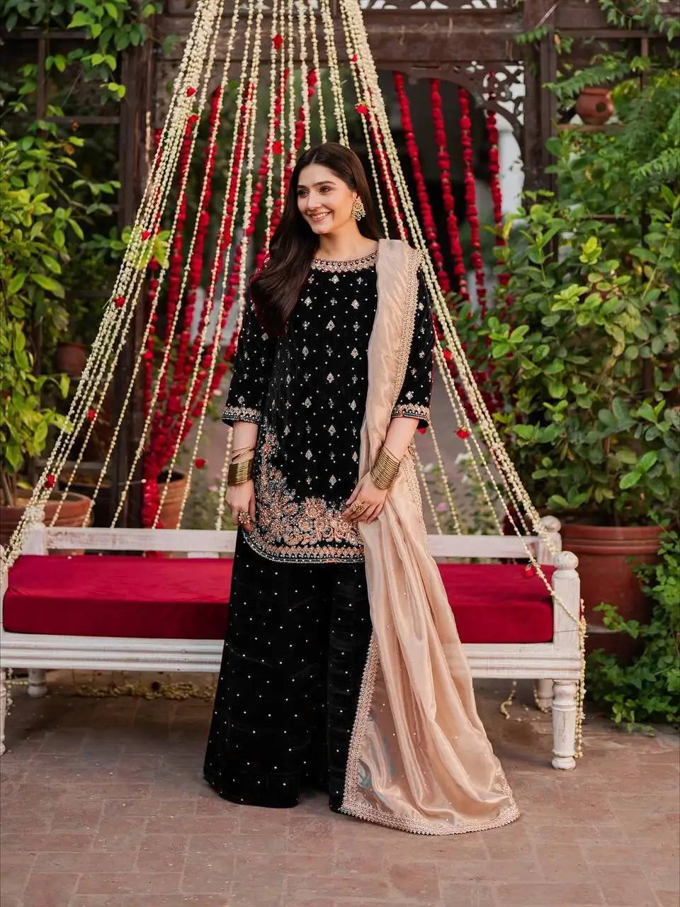 Embroidered Velvet Palazzo Suit Set