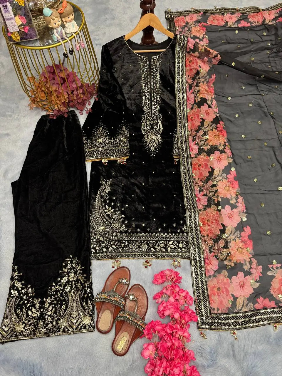 Embroidered Velvet Palazzo Suit Set