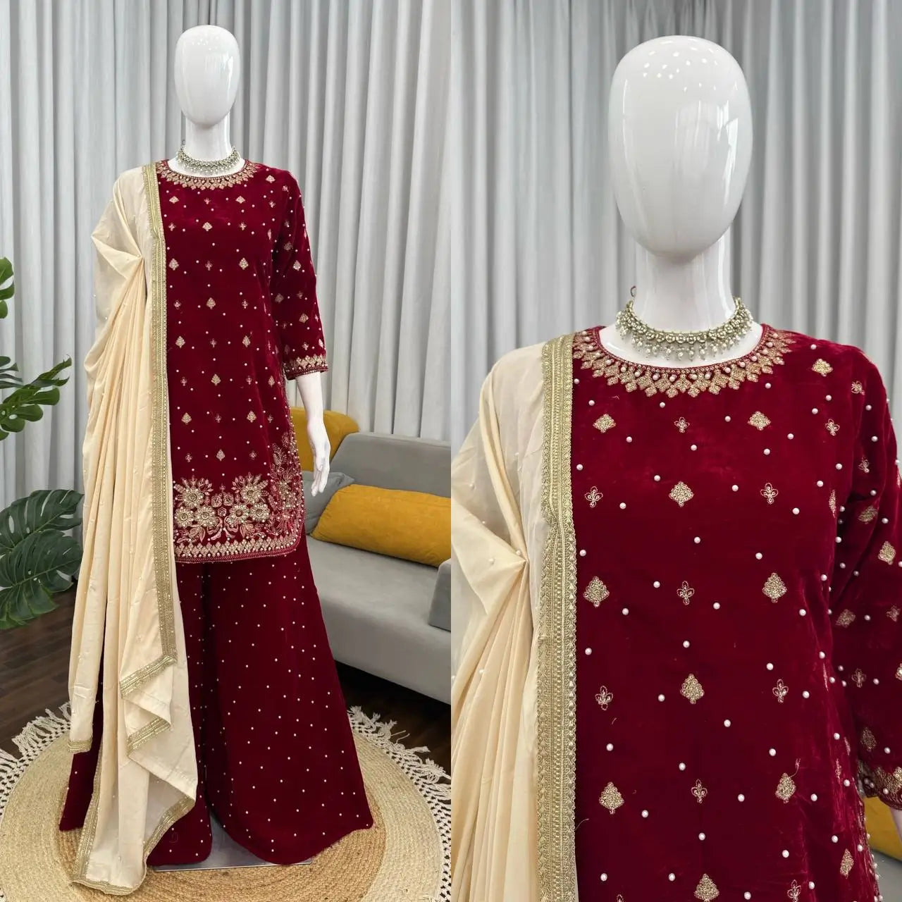 Embroidered Velvet Palazzo Suit Set