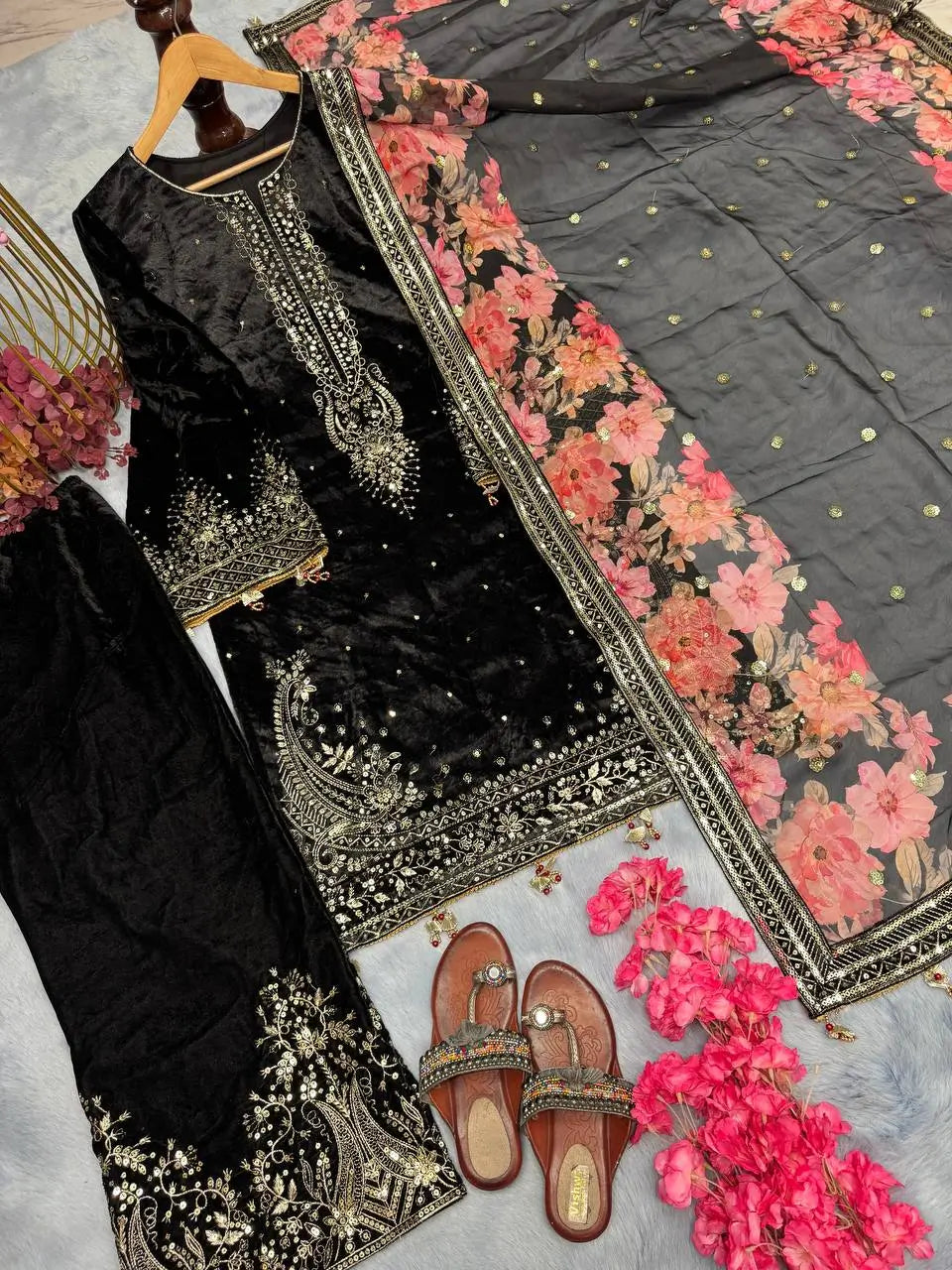 Embroidered Velvet Palazzo Suit Set
