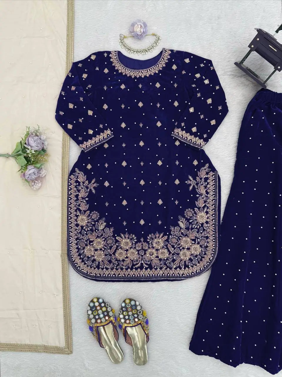 Embroidered Velvet Palazzo Suit Set