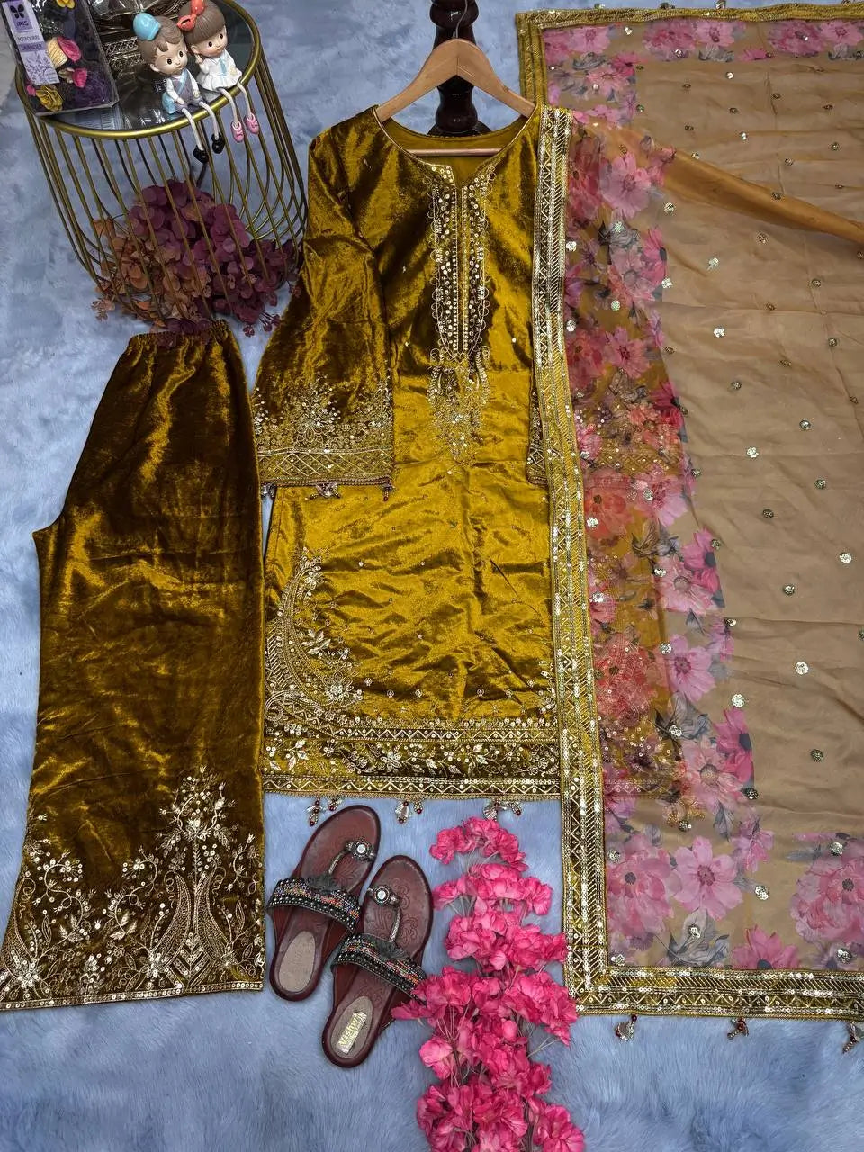 Embroidered Velvet Palazzo Suit Set