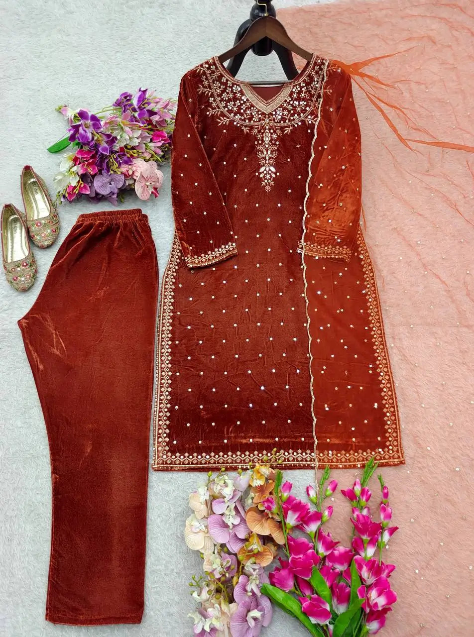 Embroidered Velvet Patiala Suit