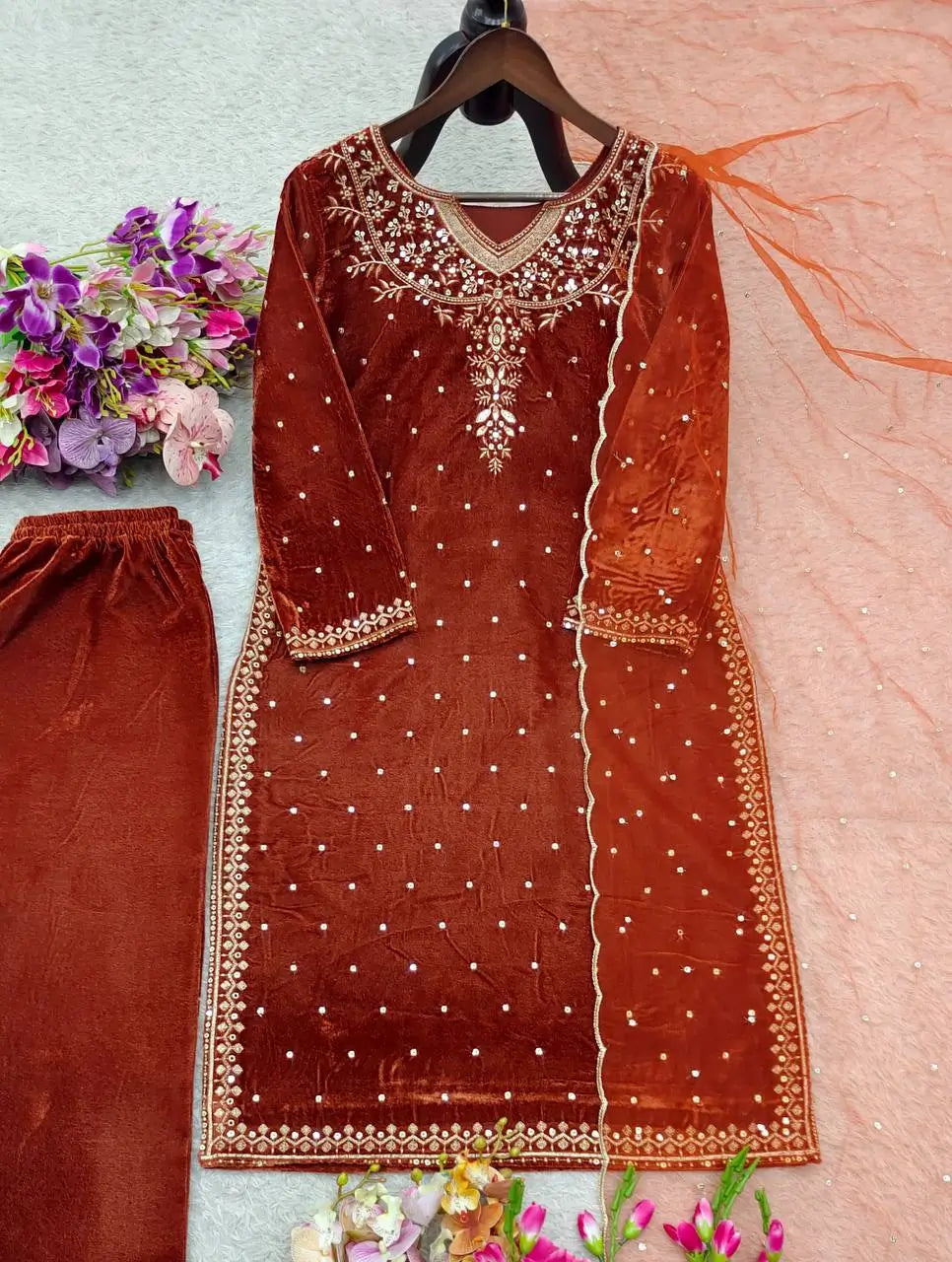 Embroidered Velvet Patiala Suit