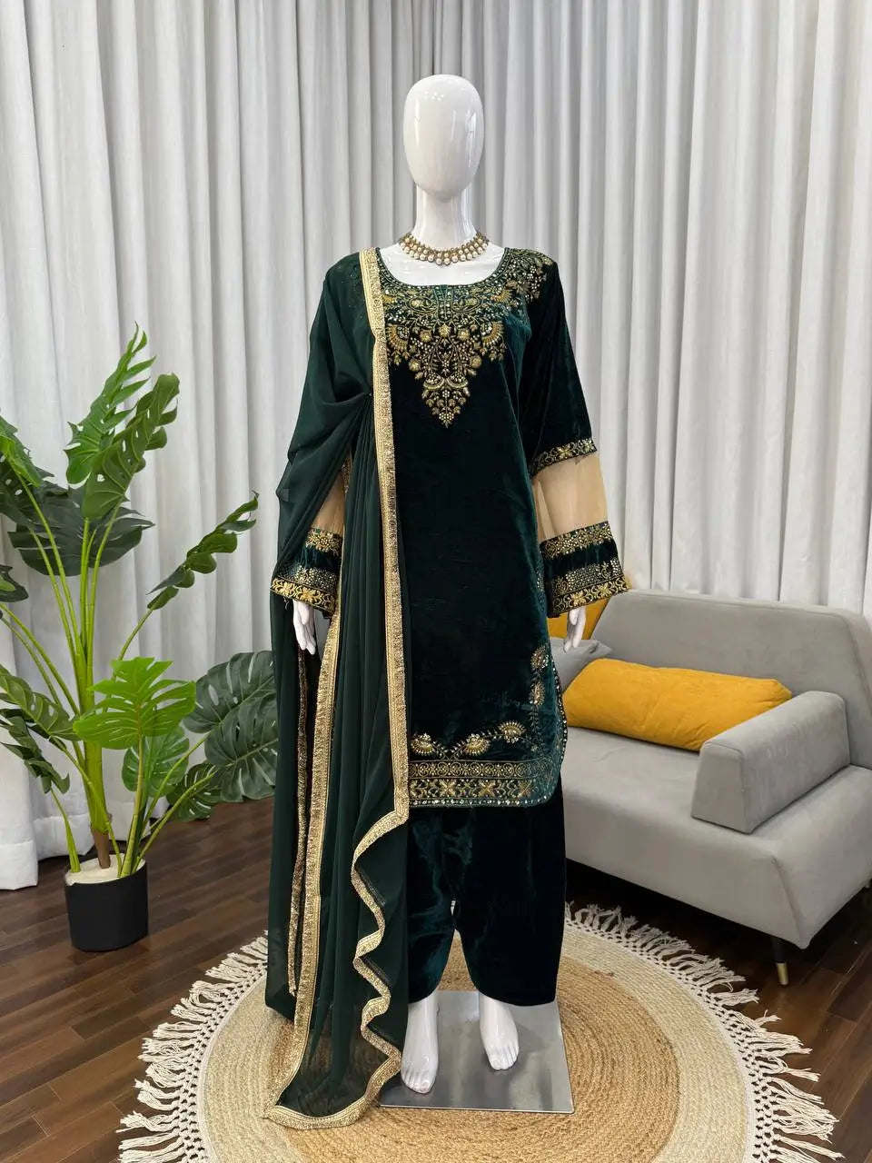 Embroidered Velvet Plazo Set