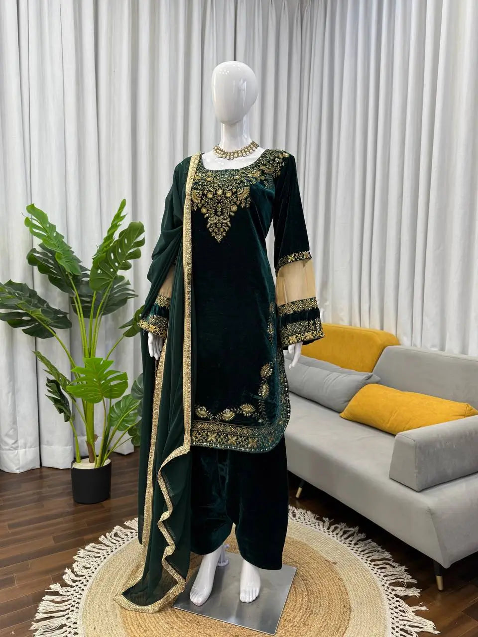 Embroidered Velvet Plazo Set