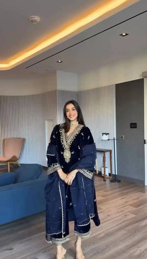 Embroidered Velvet Plazo Set