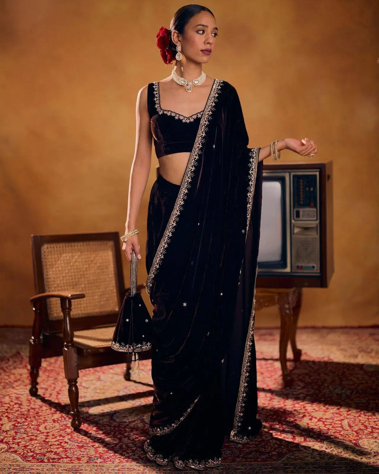 Embroidered Velvet Saree Set