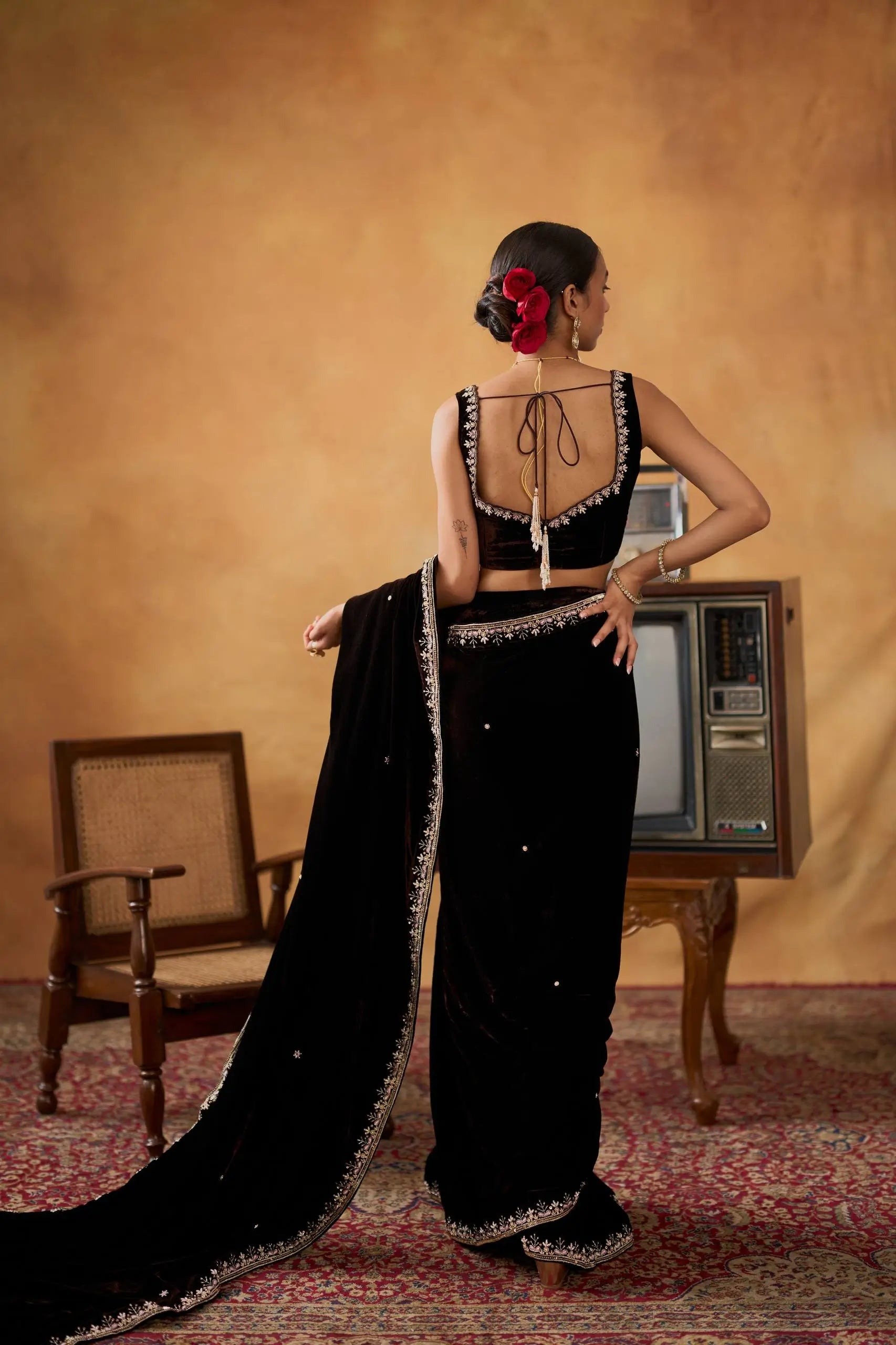 Embroidered Velvet Saree Set