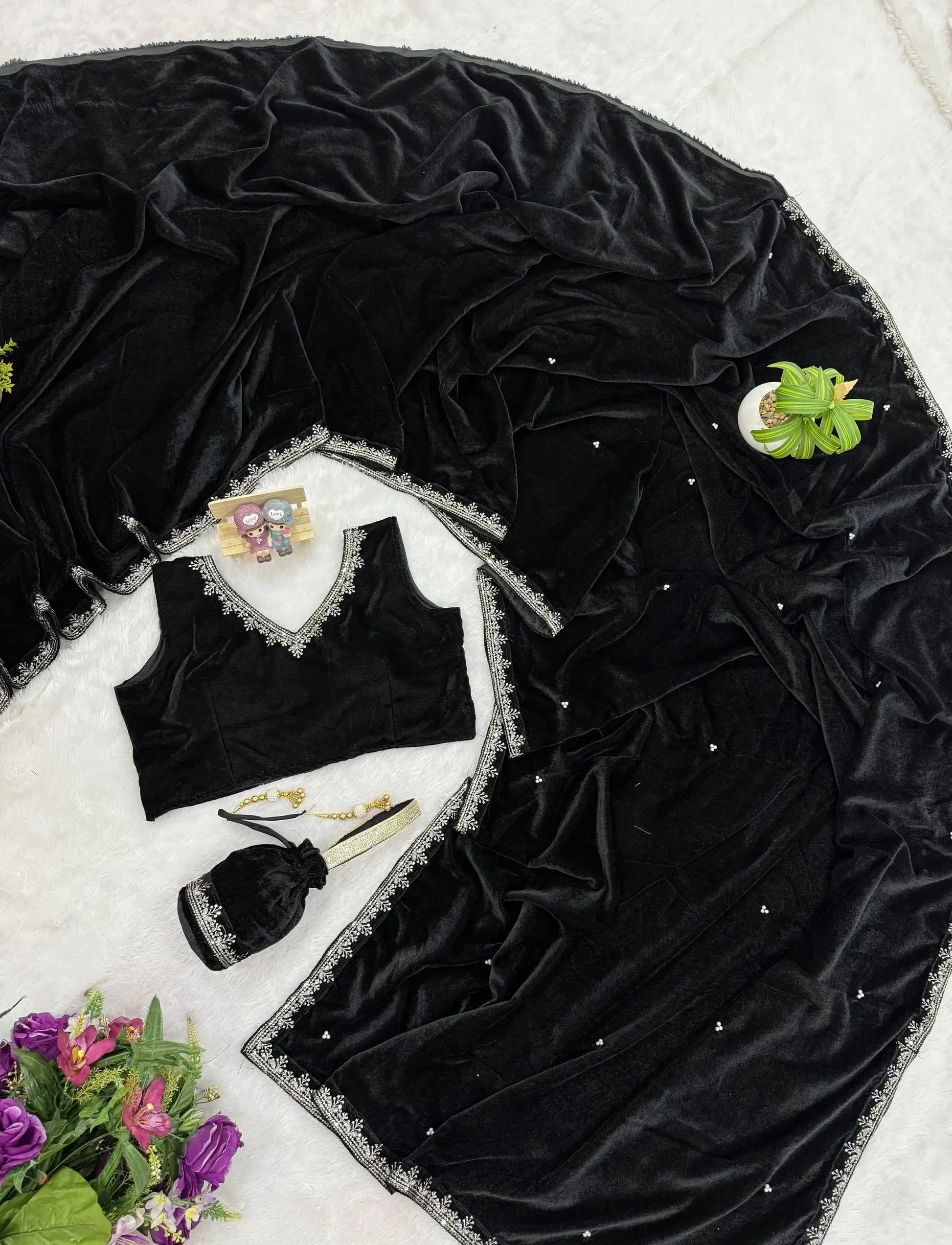 Embroidered Velvet Saree Set