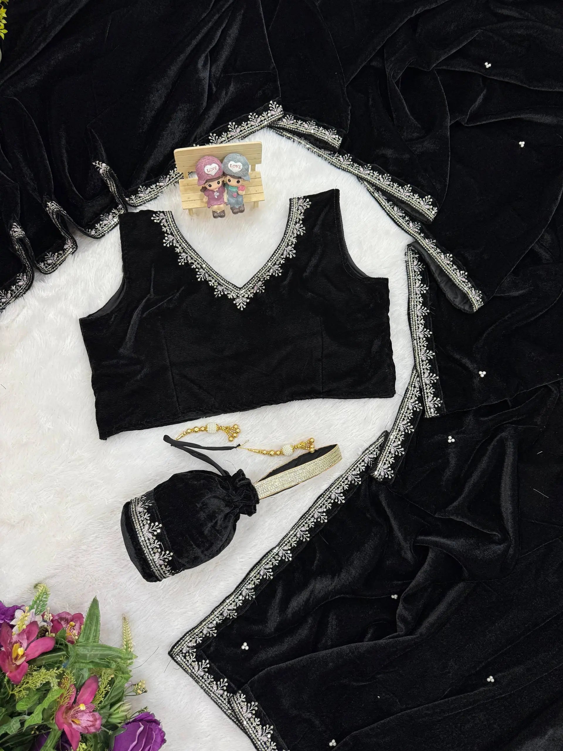 Embroidered Velvet Saree Set