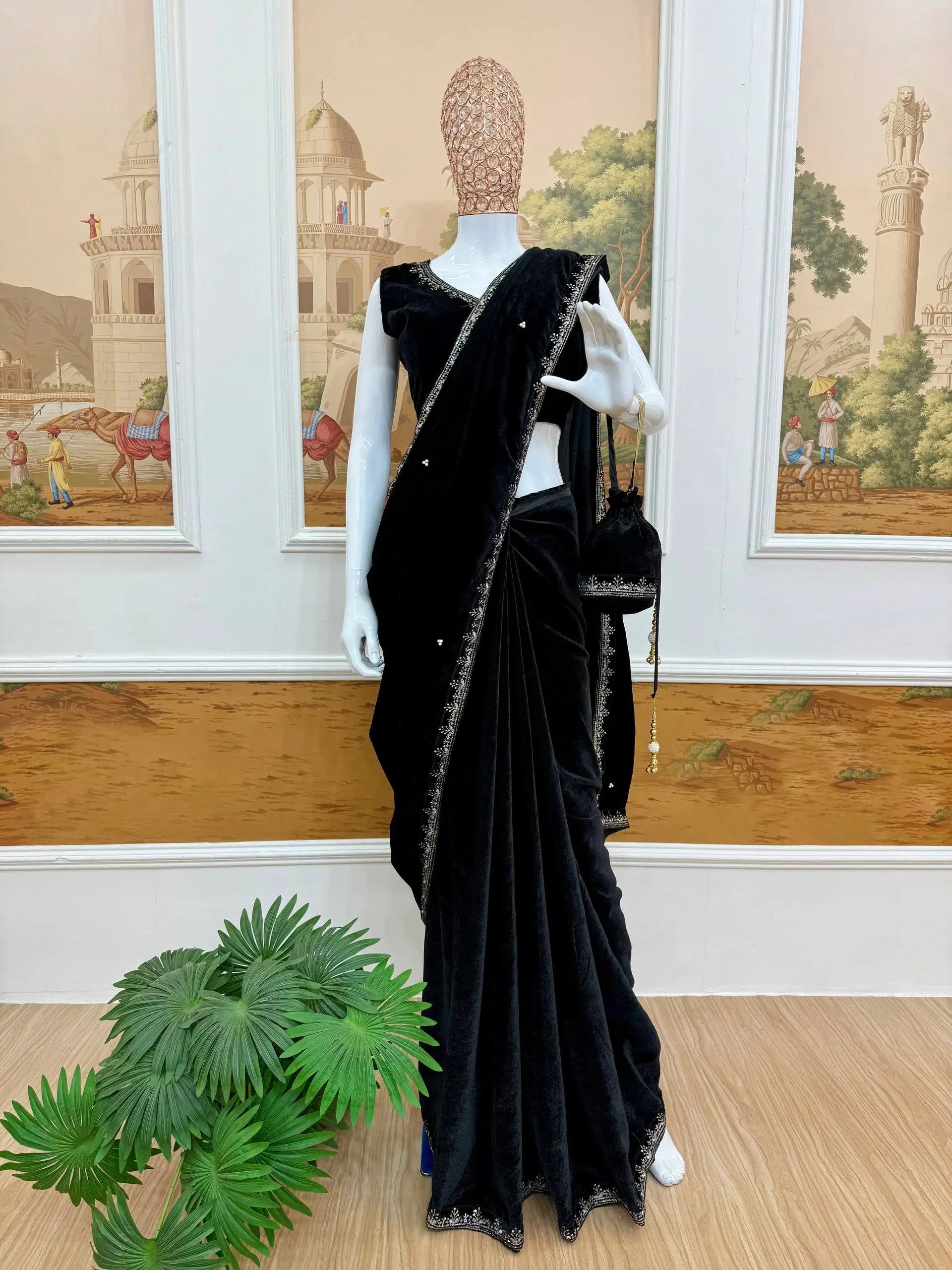 Embroidered Velvet Saree Set