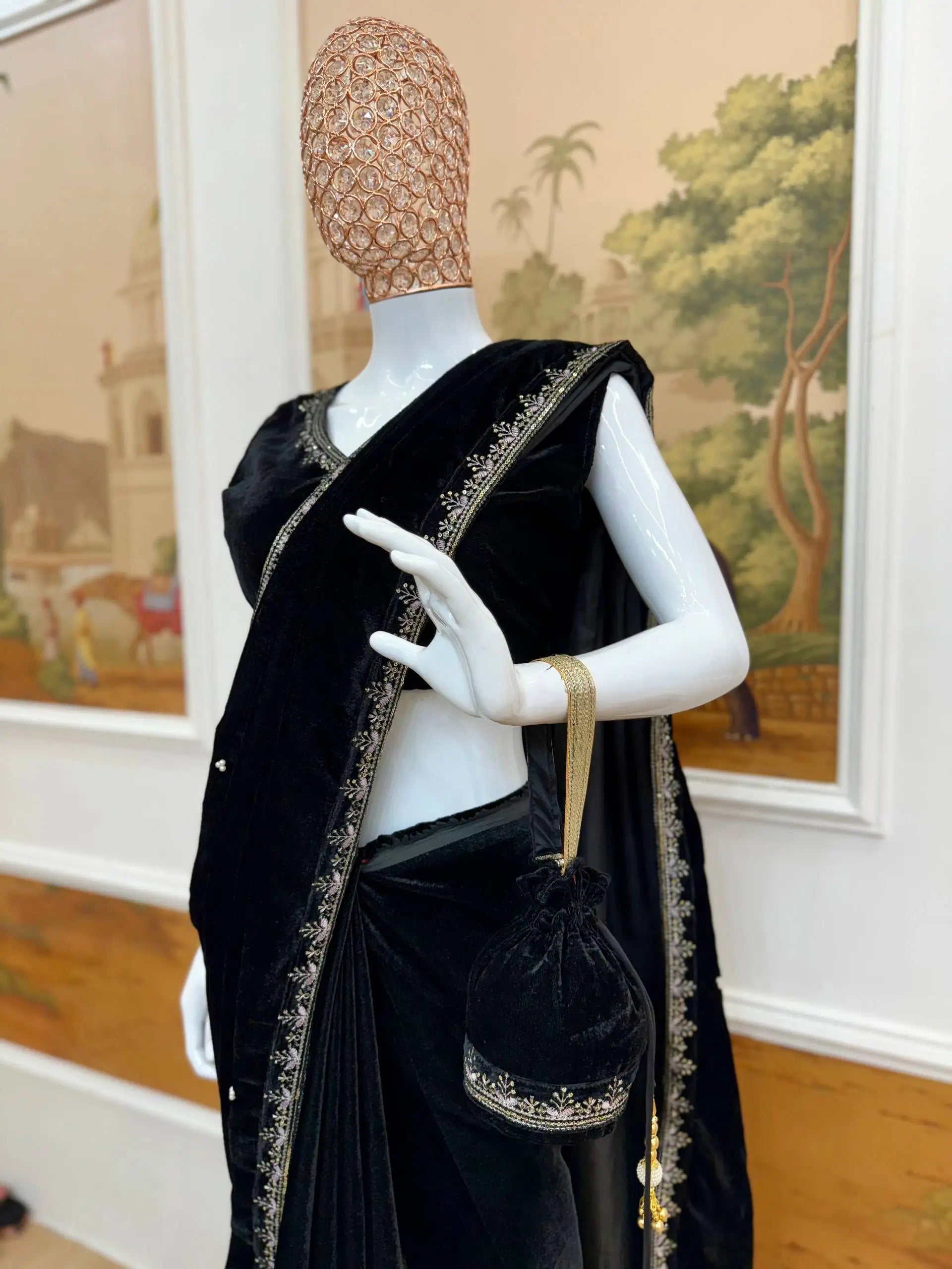 Embroidered Velvet Saree Set