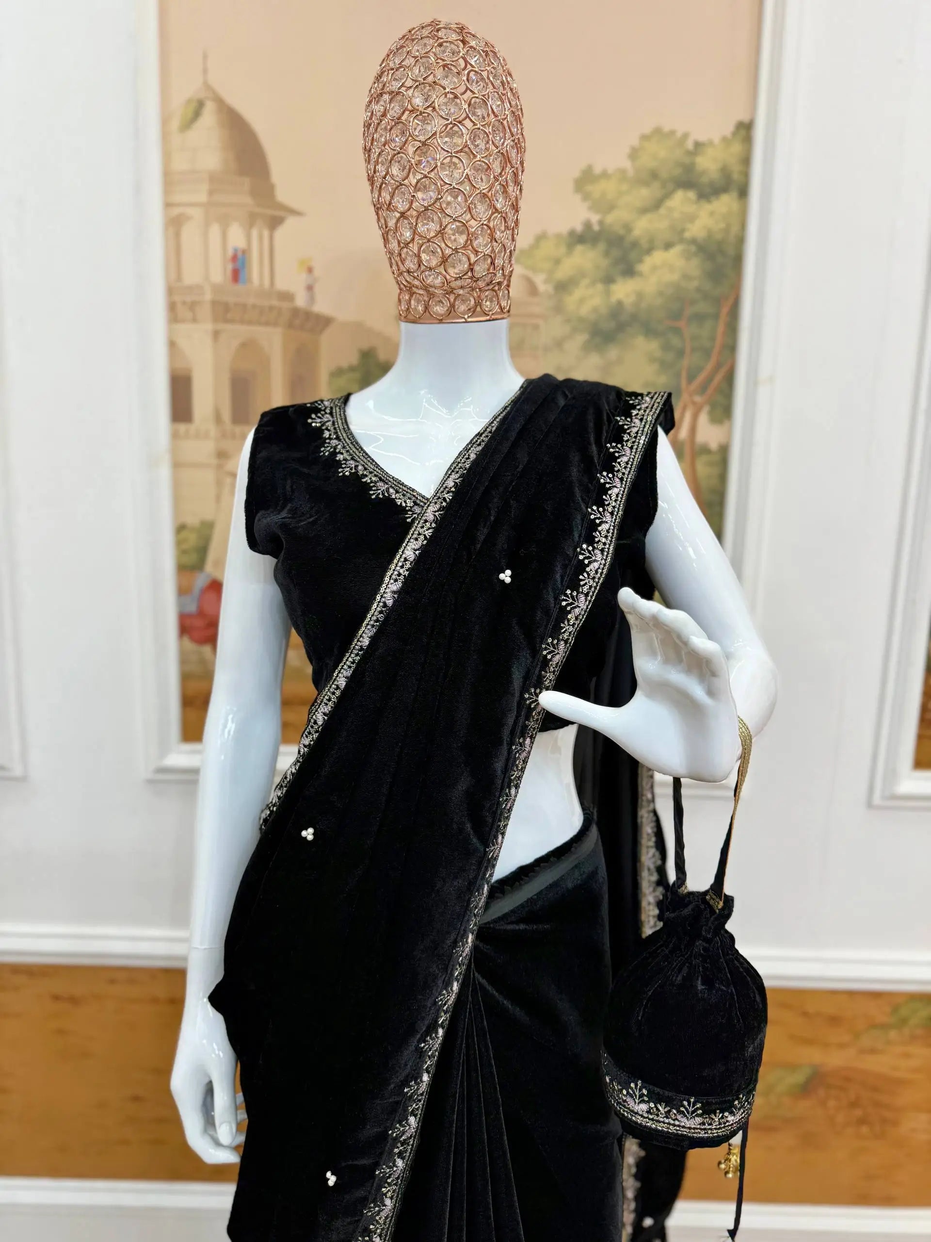 Embroidered Velvet Saree Set