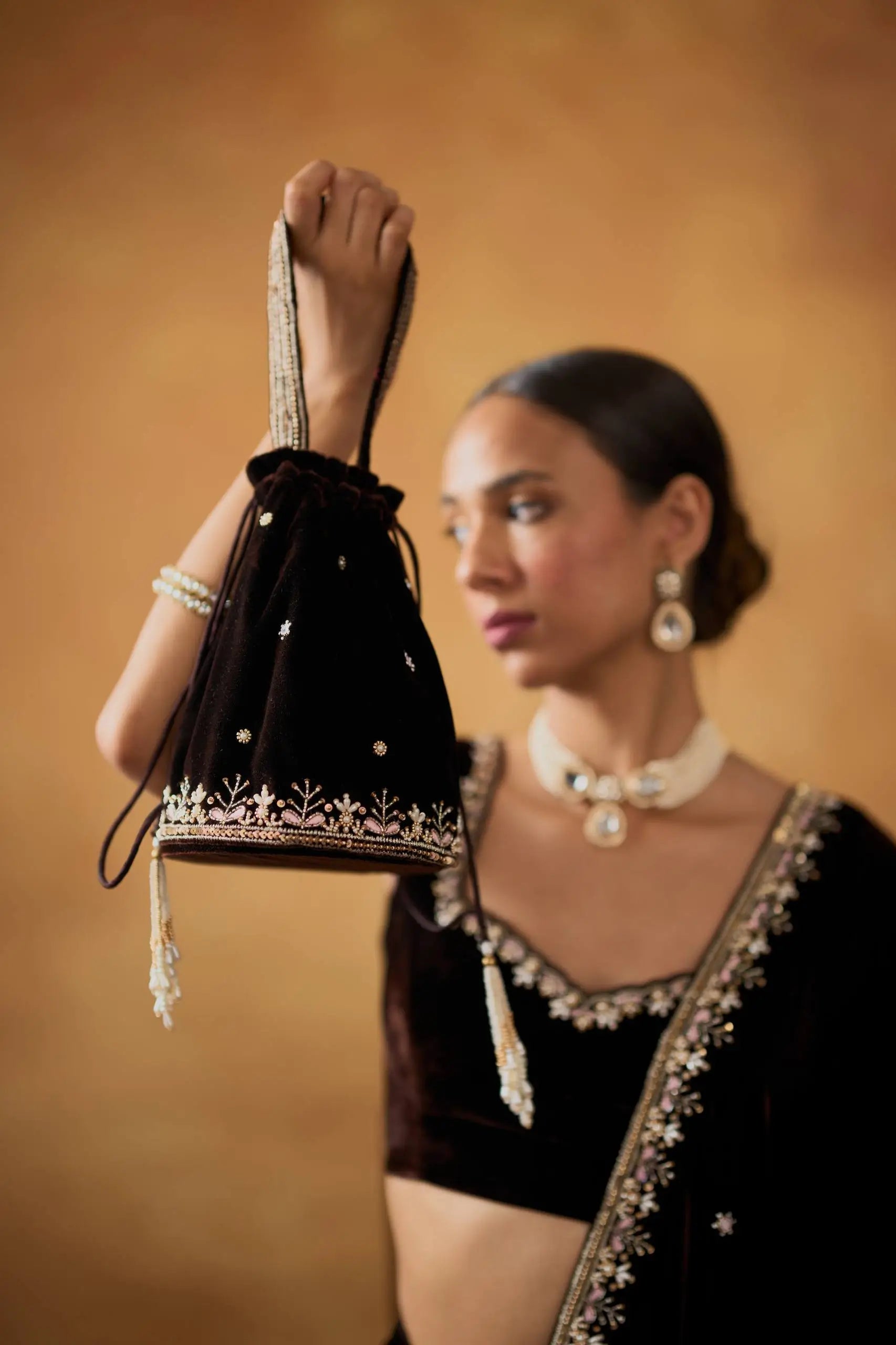 Embroidered Velvet Saree Set