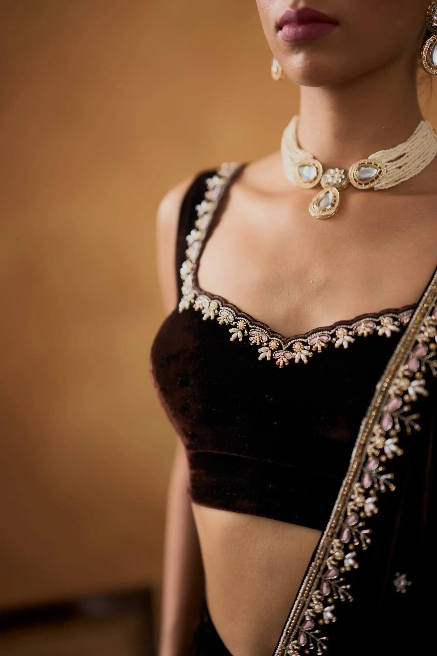 Embroidered Velvet Saree Set