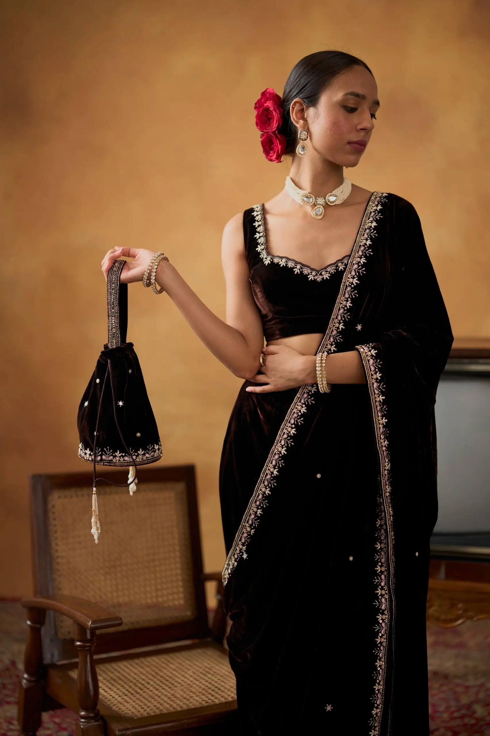 Embroidered Velvet Saree Set