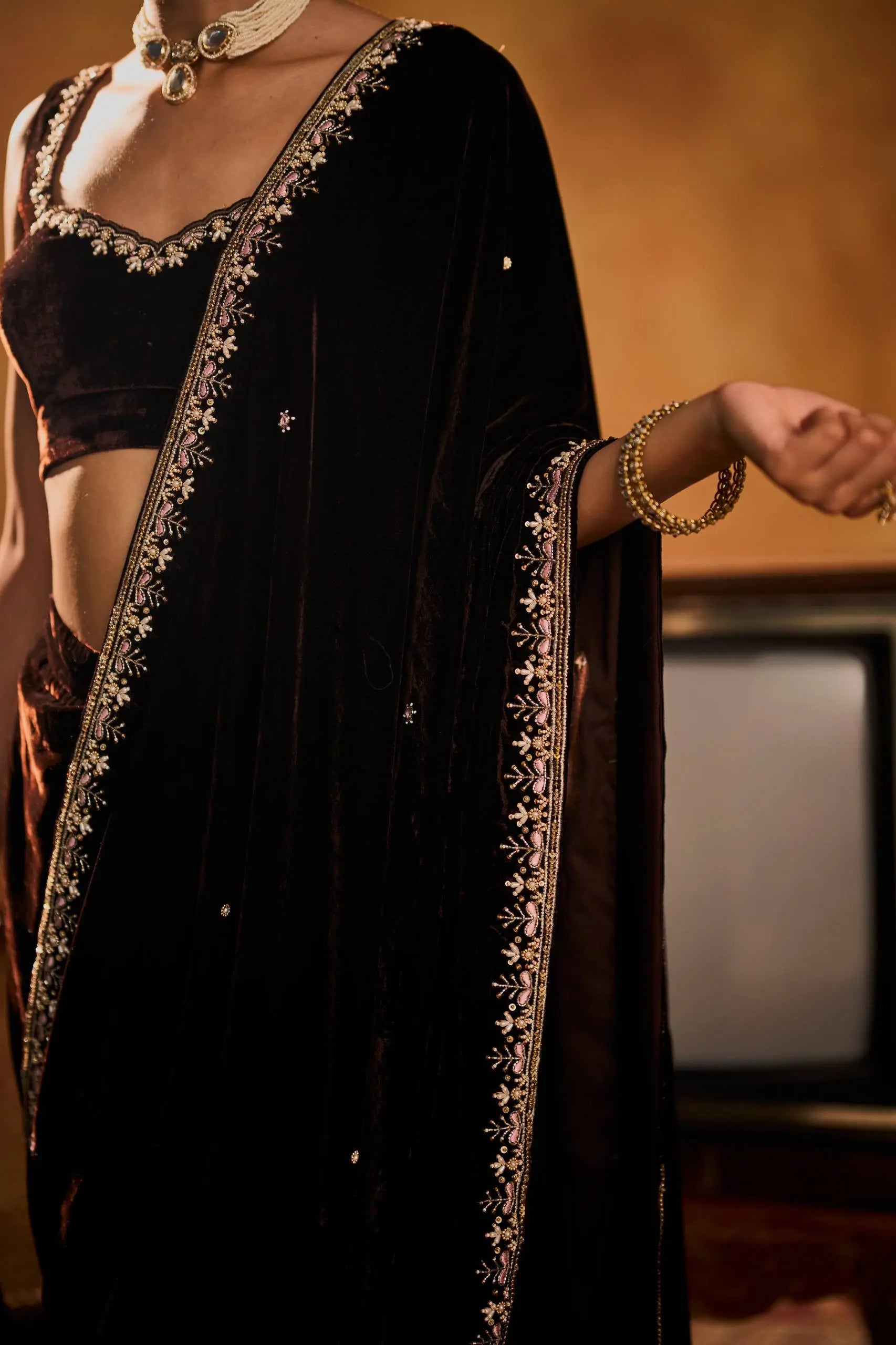 Embroidered Velvet Saree Set