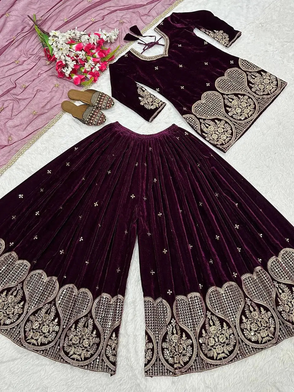 Embroidered Velvet Sharara Set