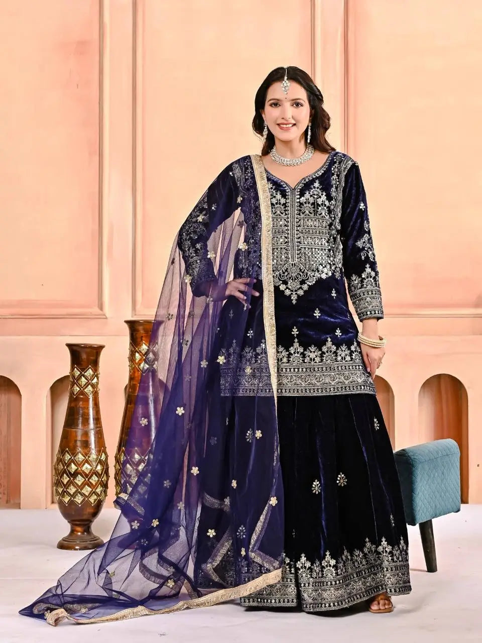 Embroidered Velvet Sharara Set