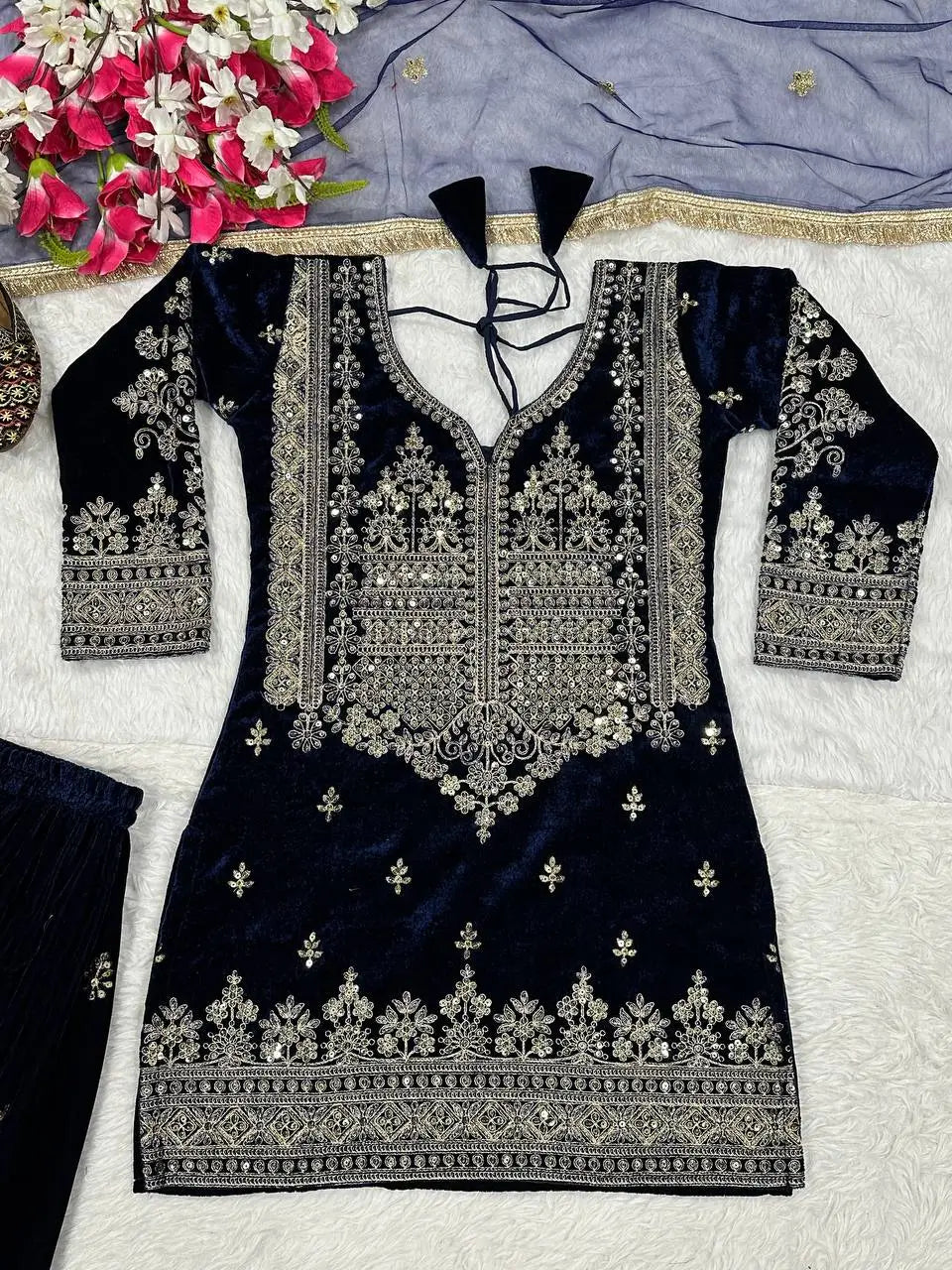 Embroidered Velvet Sharara Set