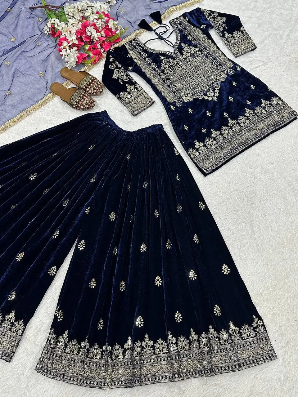 Embroidered Velvet Sharara Set