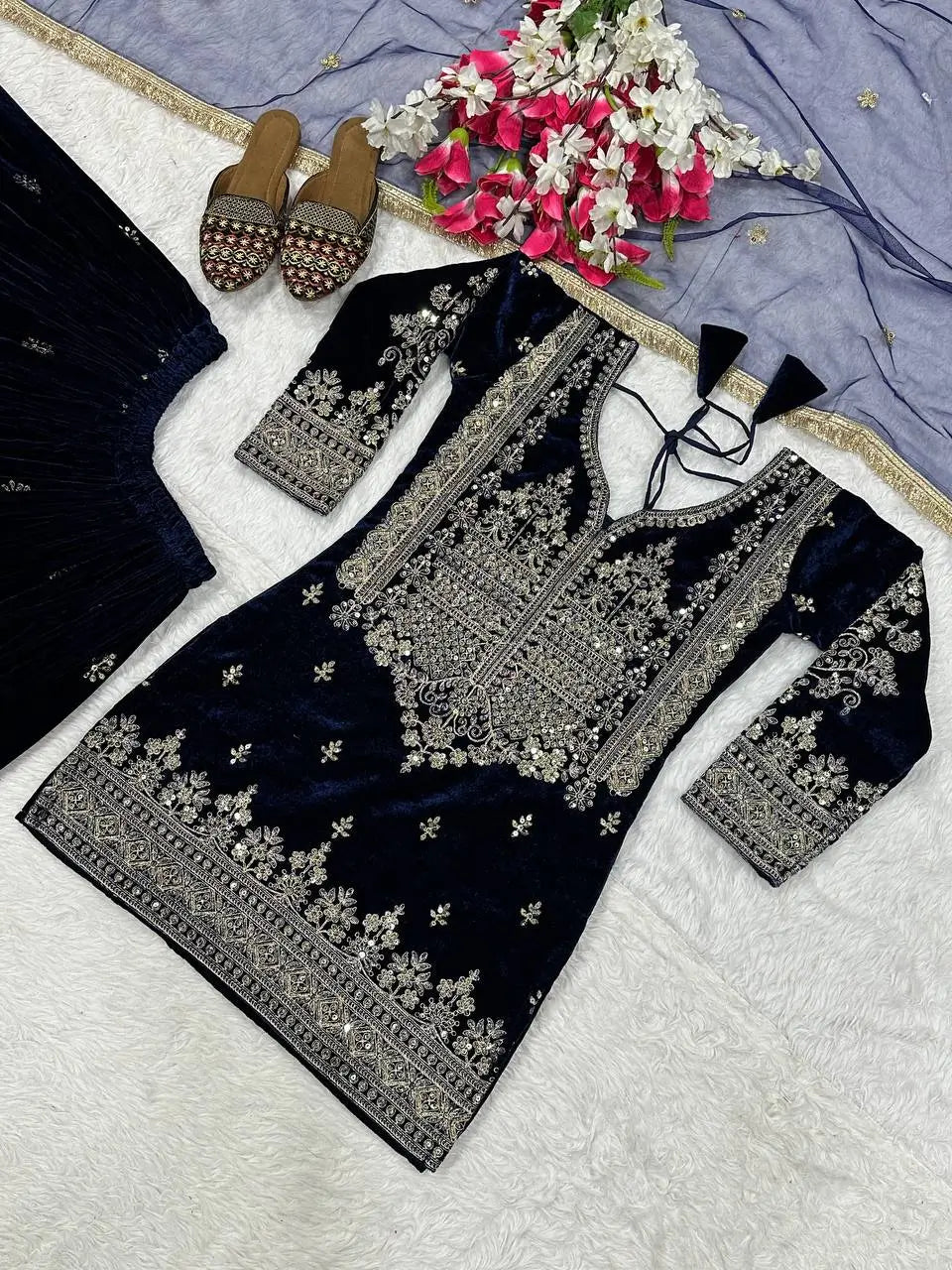 Embroidered Velvet Sharara Set