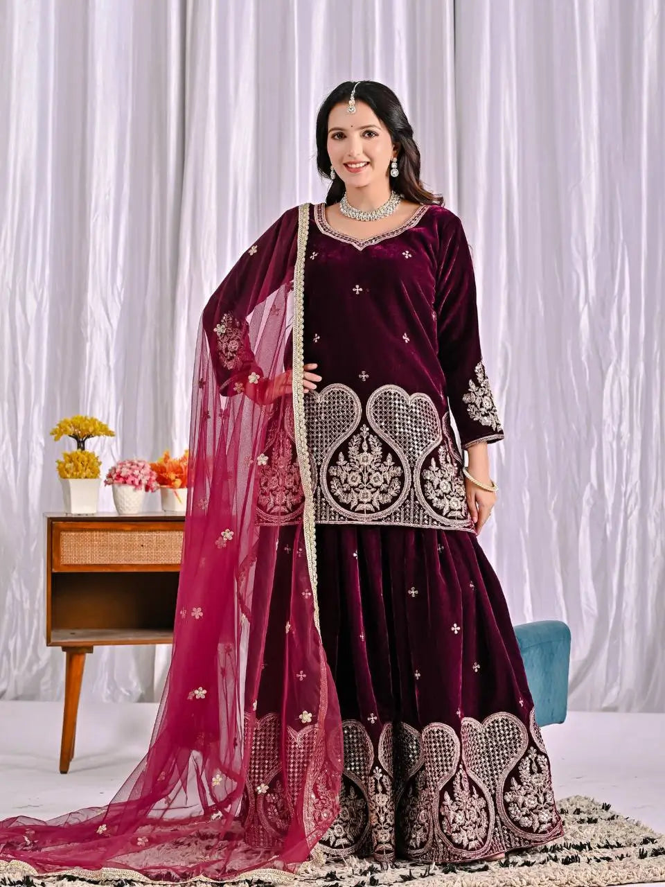 Embroidered Velvet Sharara Set