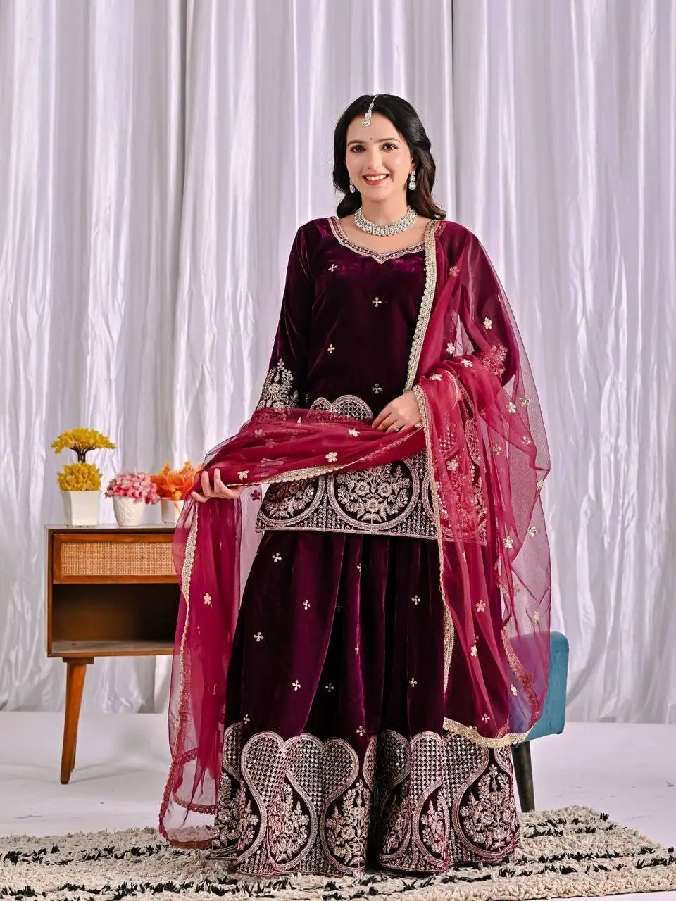 Embroidered Velvet Sharara Set