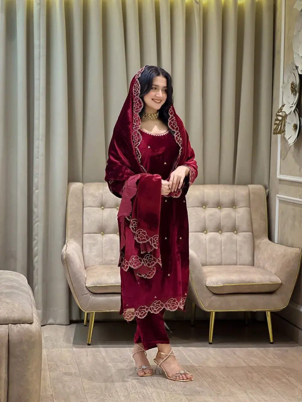 Embroidered Velvet Suit Set