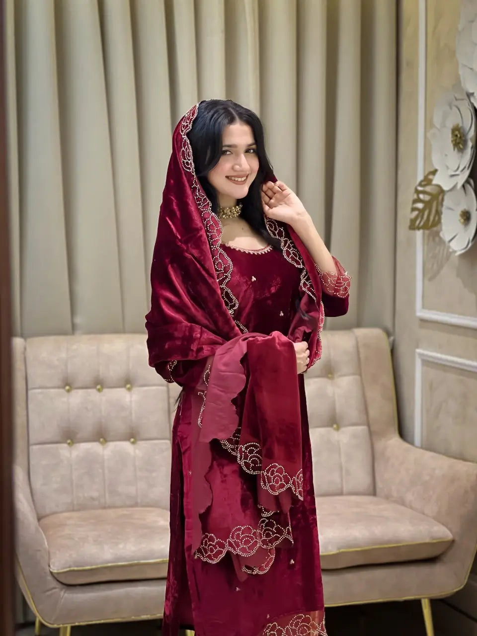 Embroidered Velvet Suit Set