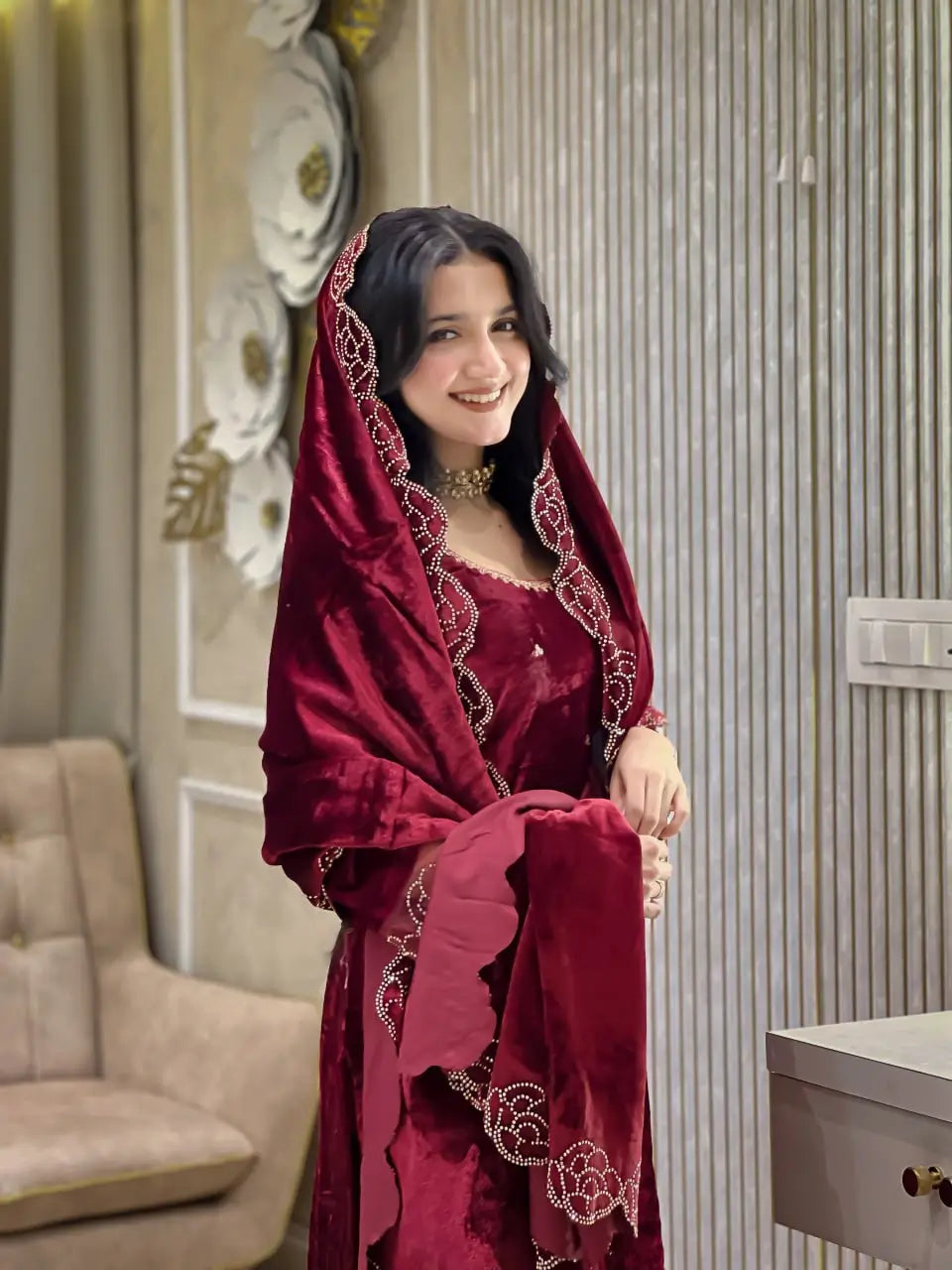 Embroidered Velvet Suit Set