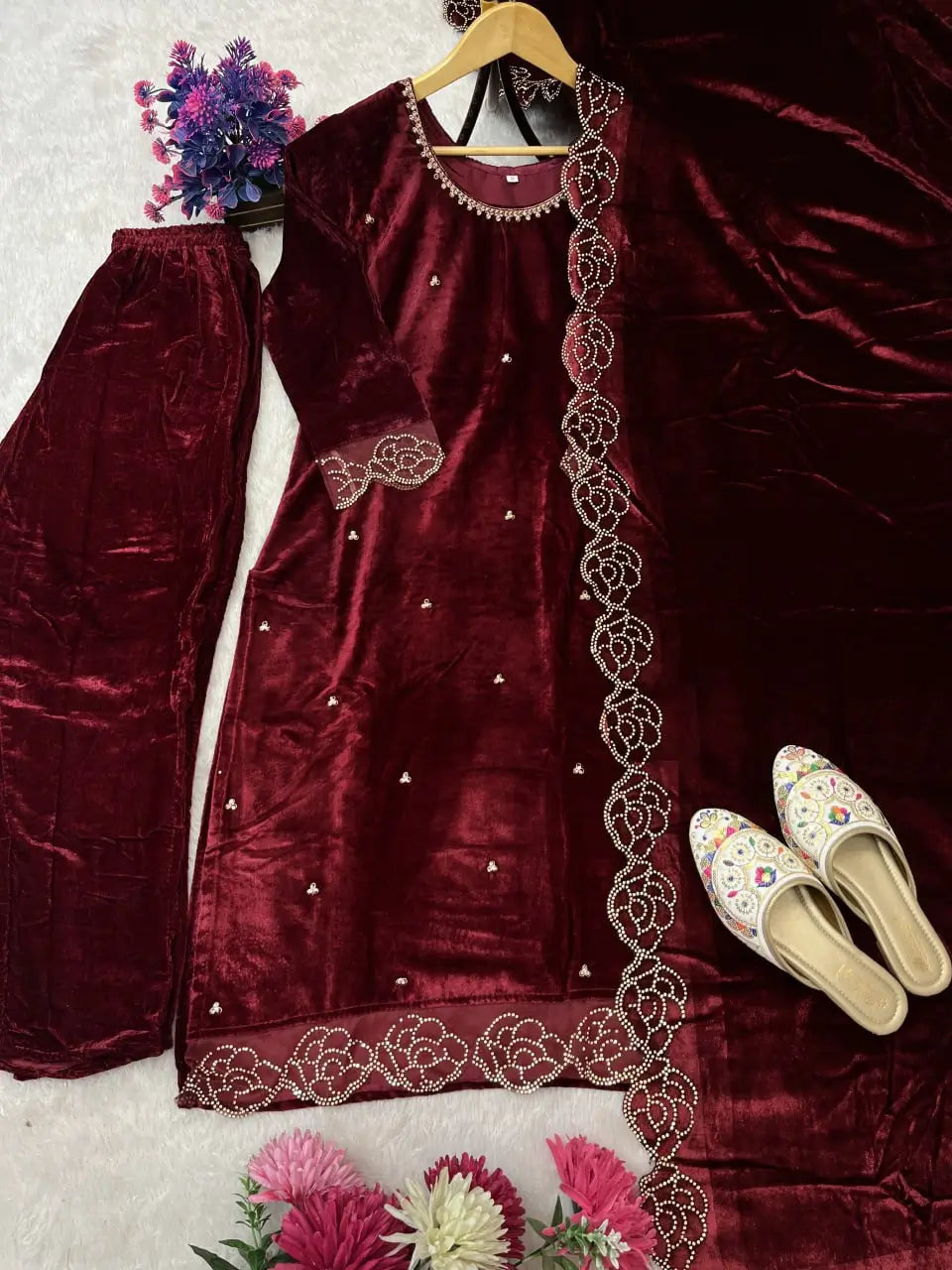 Embroidered Velvet Suit Set