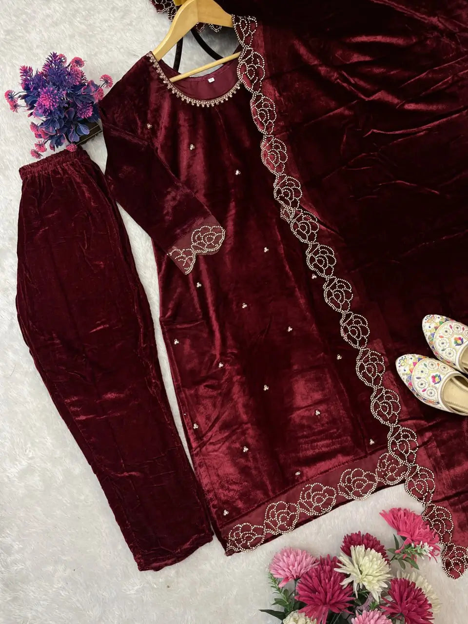 Embroidered Velvet Suit Set