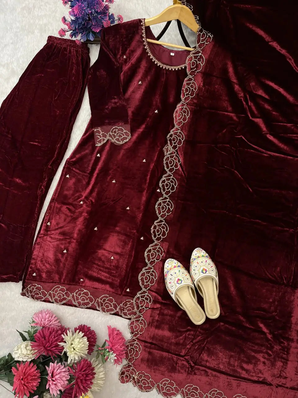 Embroidered Velvet Suit Set