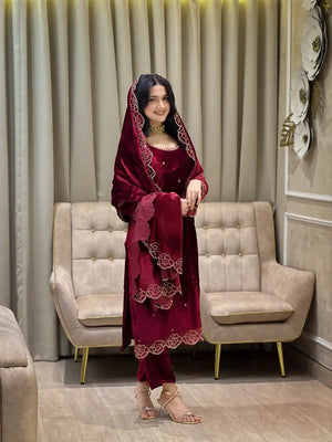 Embroidered Velvet Suit Set