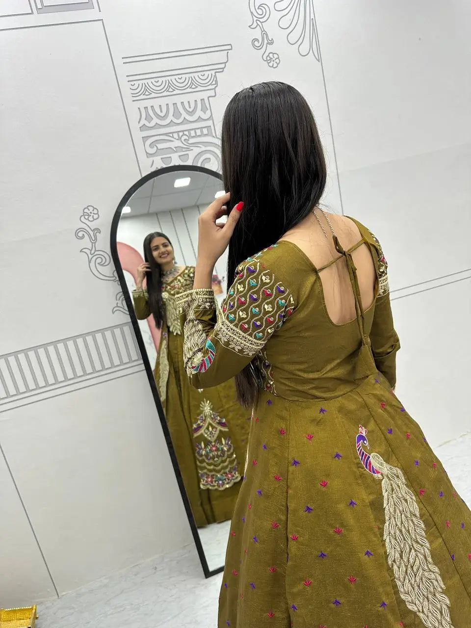 Embroidered Vichitra Crop Top Lehenga Set with Shrug