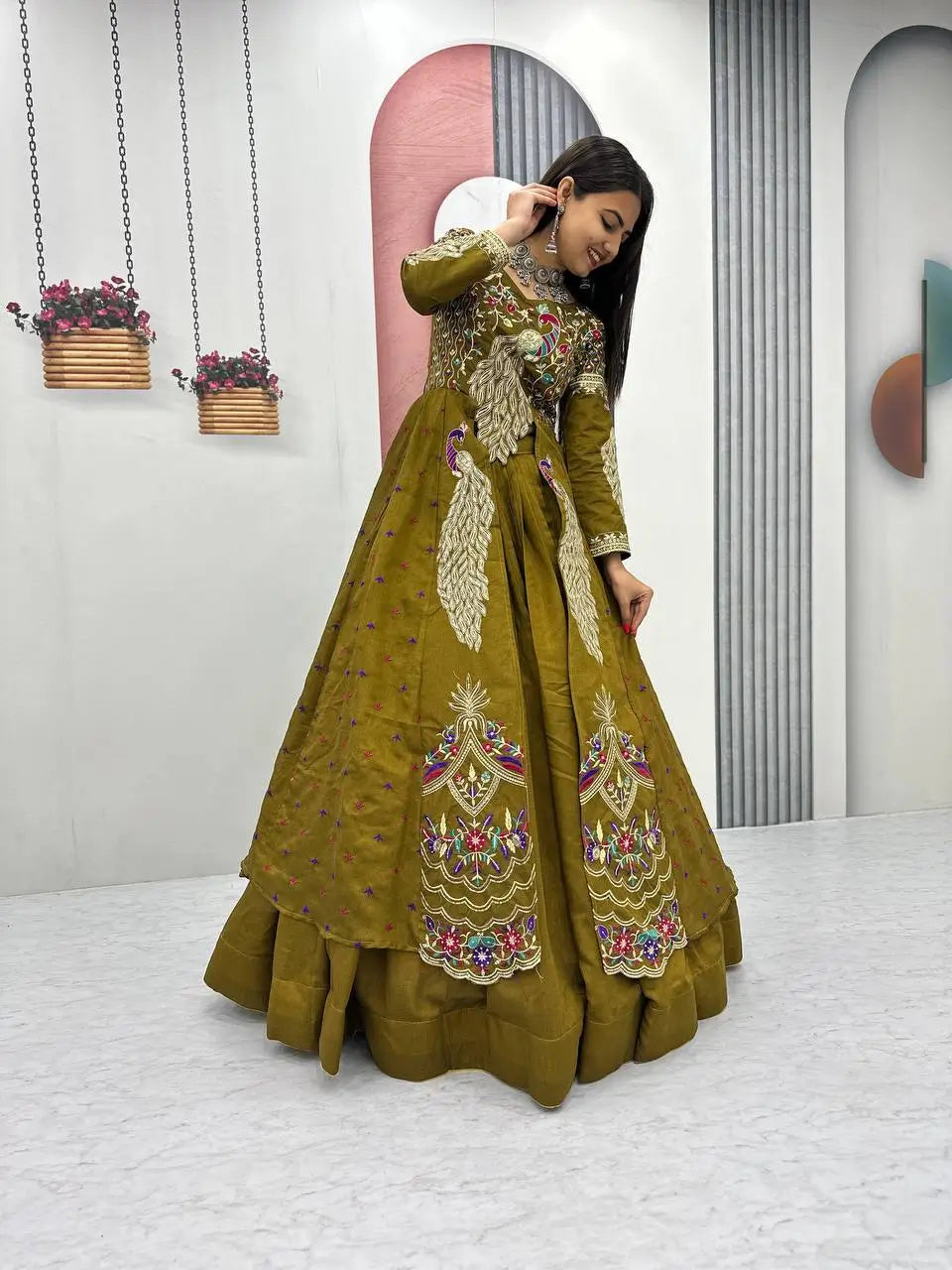 Embroidered Vichitra Crop Top Lehenga Set with Shrug