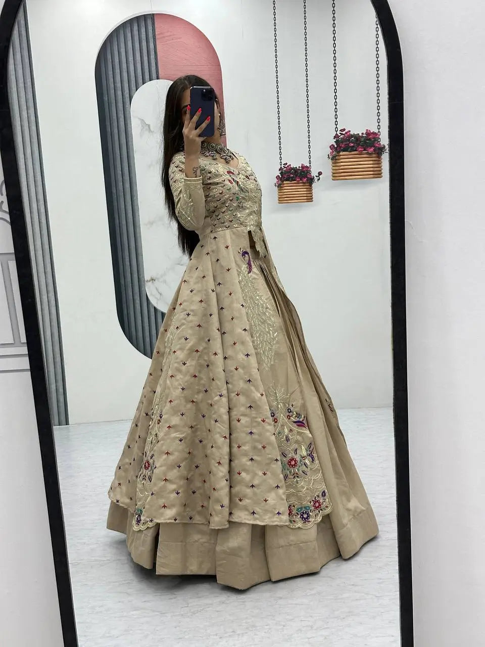 Embroidered Vichitra Crop Top Lehenga Set with Shrug