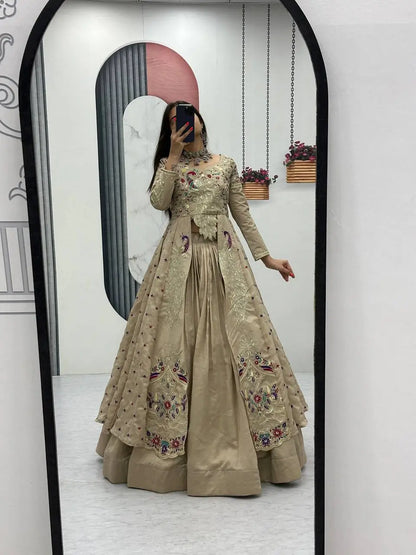Embroidered Vichitra Crop Top Lehenga Set with Shrug