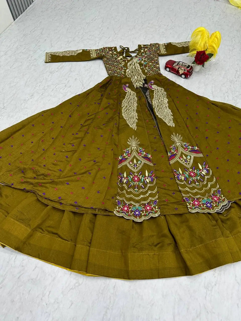 Embroidered Vichitra Crop Top Lehenga Set with Shrug