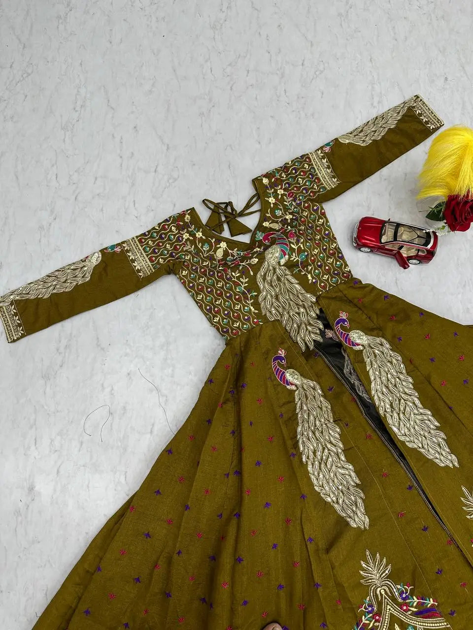 Embroidered Vichitra Crop Top Lehenga Set with Shrug