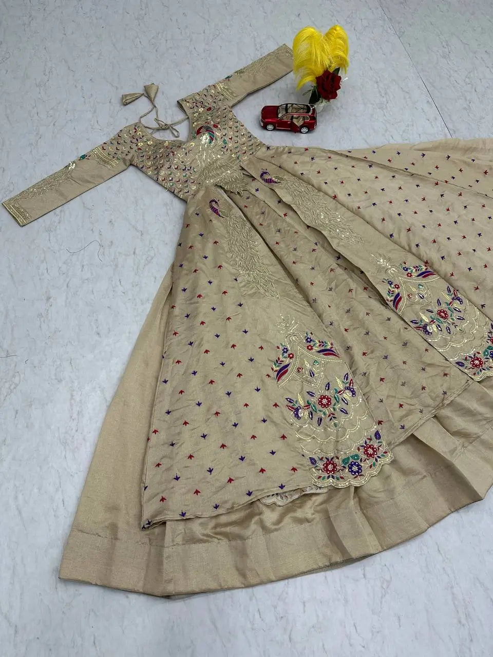 Embroidered Vichitra Crop Top Lehenga Set with Shrug