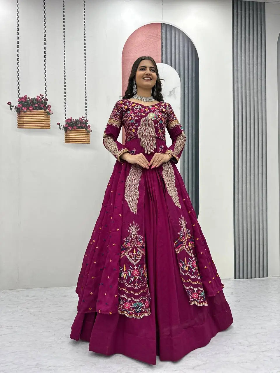 Embroidered Vichitra Crop Top Lehenga Set with Shrug