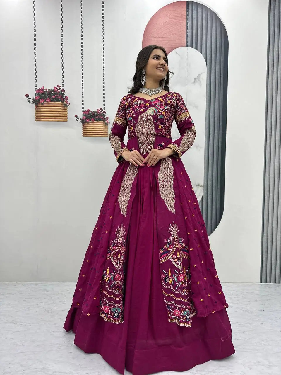 Embroidered Vichitra Crop Top Lehenga Set with Shrug