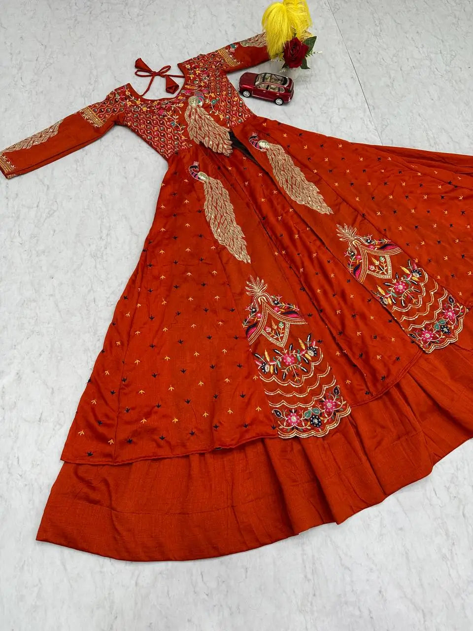 Embroidered Vichitra Crop Top Lehenga Set with Shrug