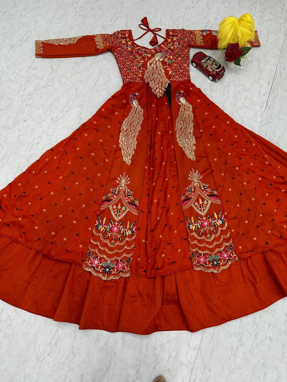 Embroidered Vichitra Crop Top Lehenga Set with Shrug