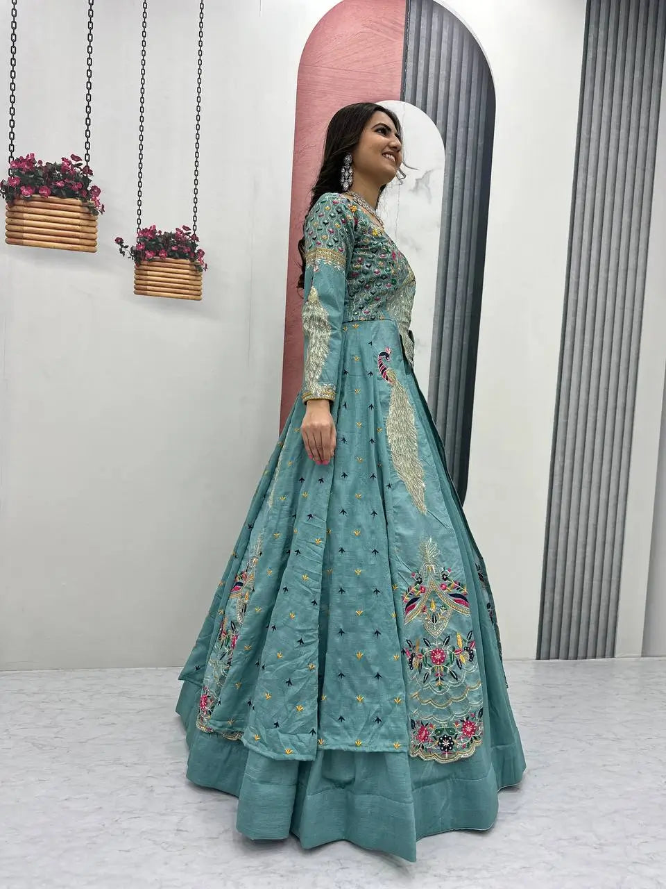 Embroidered Vichitra Crop Top Lehenga Set with Shrug